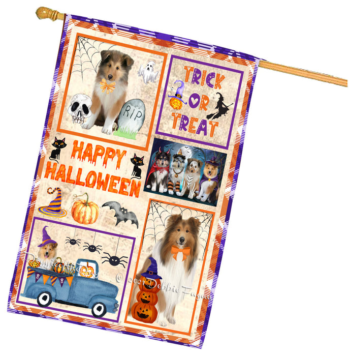 Happy Halloween Trick or Treat Rough Collie Dogs House Flag Outdoor Decorative Double Sided Pet Portrait Weather Resistant Premium Quality Animal Printed Home Decorative Flags 100% Polyester