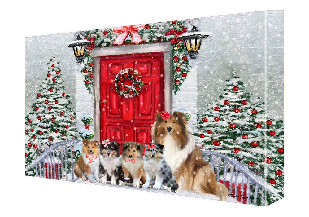 Christmas Holiday Welcome Rough Collie Dogs Canvas Wall Art - Premium Quality Ready to Hang Room Decor Wall Art Canvas - Unique Animal Printed Digital Painting for Decoration