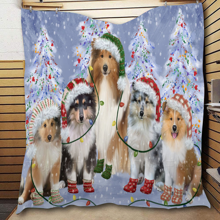 Christmas Lights and Rough Collie Dogs  Quilt Bed Coverlet Bedspread - Pets Comforter Unique One-side Animal Printing - Soft Lightweight Durable Washable Polyester Quilt