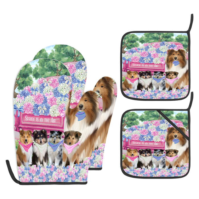 Rough Collie Oven Mitts and Pot Holder Set: Kitchen Gloves for Cooking with Potholders, Custom, Personalized, Explore a Variety of Designs, Dog Lovers Gift