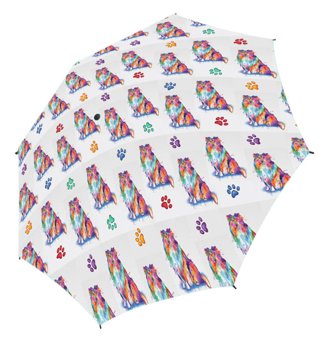 Watercolor Mini Rough Collie DogsSemi-Automatic Foldable Umbrella
