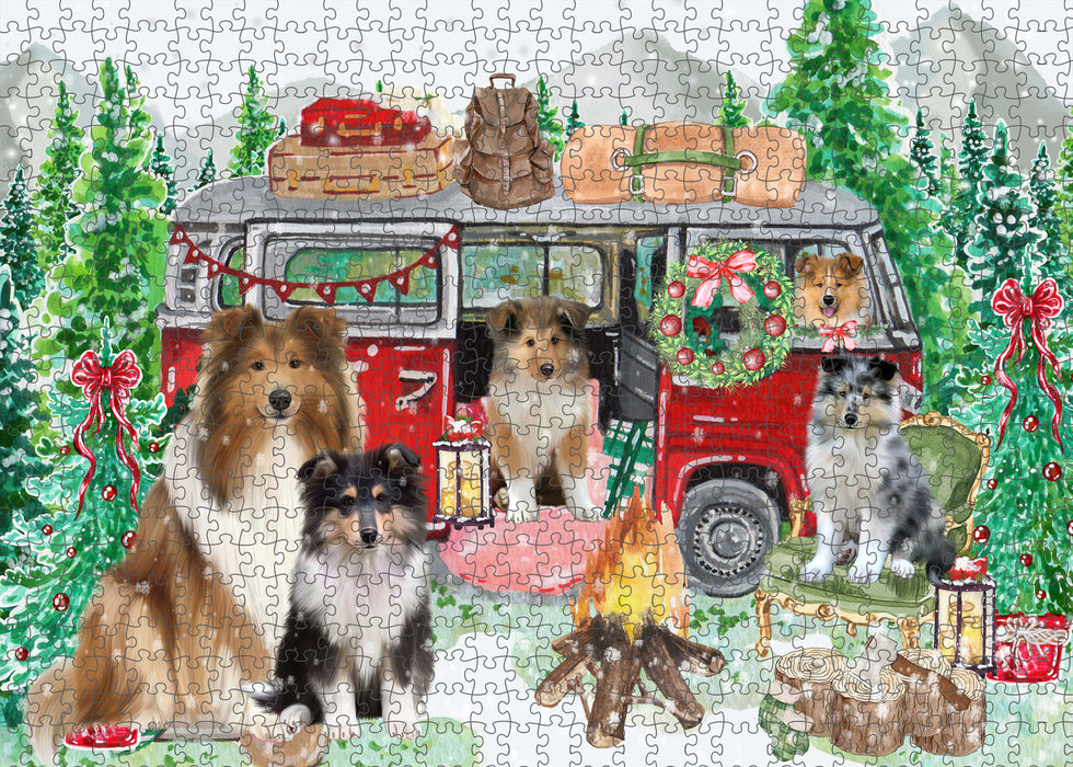 Christmas Time Camping with Rough Collie Dogs Portrait Jigsaw Puzzle for Adults Animal Interlocking Puzzle Game Unique Gift for Dog Lover's with Metal Tin Box