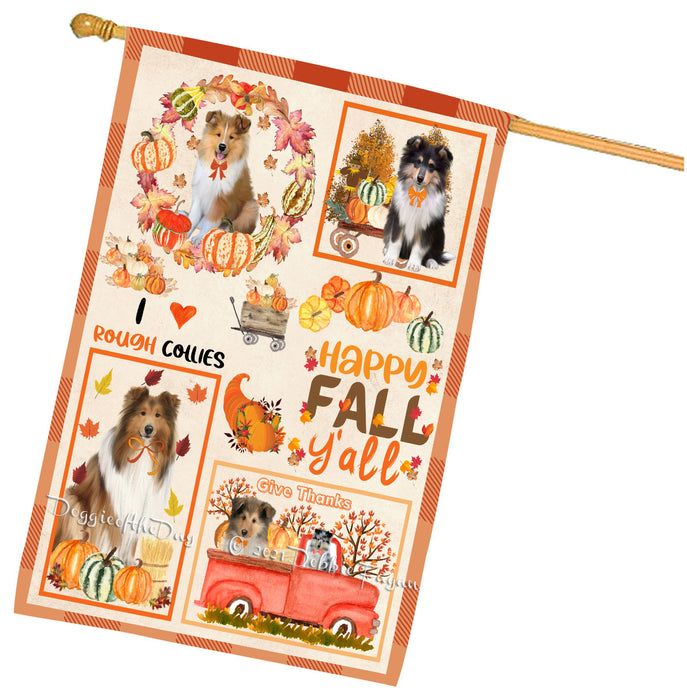 Happy Fall Y'all Pumpkin Rough Collie Dogs House Flag Outdoor Decorative Double Sided Pet Portrait Weather Resistant Premium Quality Animal Printed Home Decorative Flags 100% Polyester
