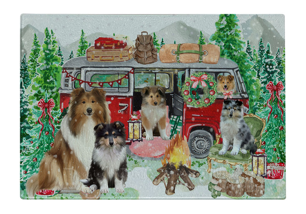 Christmas Time Camping with Rough Collie Dogs Cutting Board - For Kitchen - Scratch & Stain Resistant - Designed To Stay In Place - Easy To Clean By Hand - Perfect for Chopping Meats, Vegetables