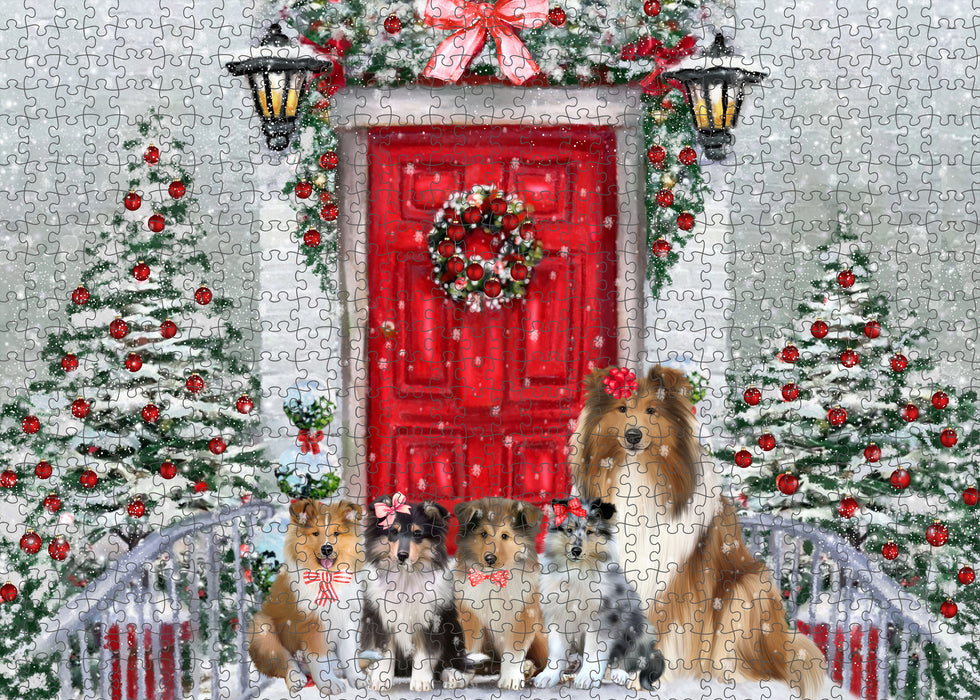 Christmas Holiday Welcome Rough Collie Dogs Portrait Jigsaw Puzzle for Adults Animal Interlocking Puzzle Game Unique Gift for Dog Lover's with Metal Tin Box