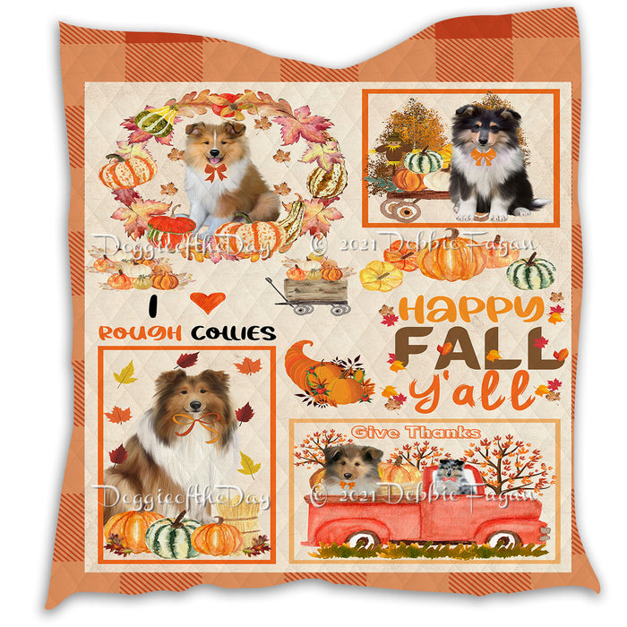 Happy Fall Y'all Pumpkin Rough Collie Dogs Quilt Bed Coverlet Bedspread - Pets Comforter Unique One-side Animal Printing - Soft Lightweight Durable Washable Polyester Quilt