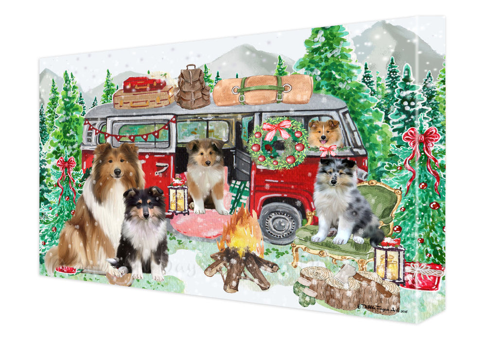 Christmas Time Camping with Rough Collie Dogs Canvas Wall Art - Premium Quality Ready to Hang Room Decor Wall Art Canvas - Unique Animal Printed Digital Painting for Decoration