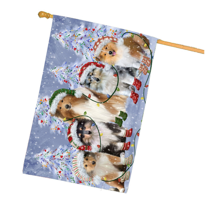 Christmas Lights and Rough Collie Dogs House Flag Outdoor Decorative Double Sided Pet Portrait Weather Resistant Premium Quality Animal Printed Home Decorative Flags 100% Polyester
