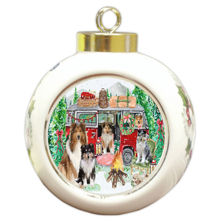 Christmas Time Camping with Rough Collie Dogs Round Ball Christmas Ornament Pet Decorative Hanging Ornaments for Christmas X-mas Tree Decorations - 3" Round Ceramic Ornament