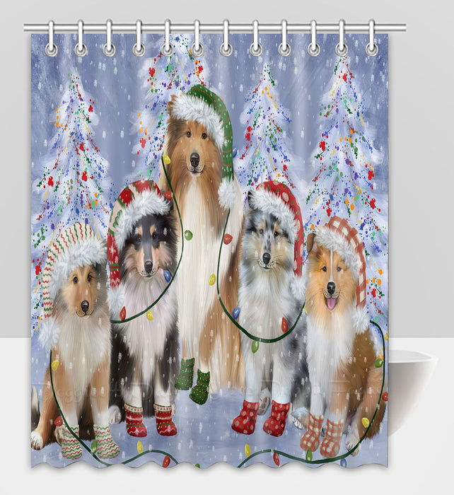 Christmas Lights and Rough Collie Dogs Shower Curtain Pet Painting Bathtub Curtain Waterproof Polyester One-Side Printing Decor Bath Tub Curtain for Bathroom with Hooks