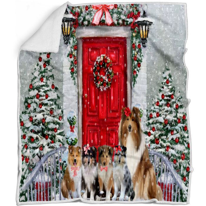 Christmas Holiday Welcome Rough Collie Dogs Blanket - Lightweight Soft Cozy and Durable Bed Blanket - Animal Theme Fuzzy Blanket for Sofa Couch