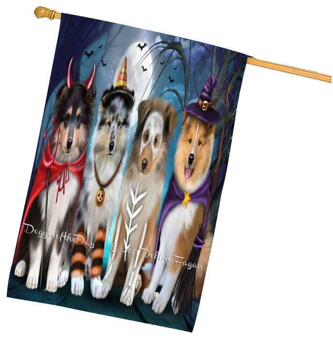 Halloween Trick or Treat Rough Collie Dogs House Flag Outdoor Decorative Double Sided Pet Portrait Weather Resistant Premium Quality Animal Printed Home Decorative Flags 100% Polyester