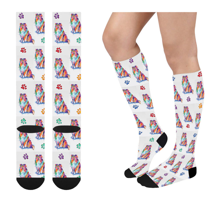 Watercolor Rough Collie Dogs Women's Over the Calf Socks