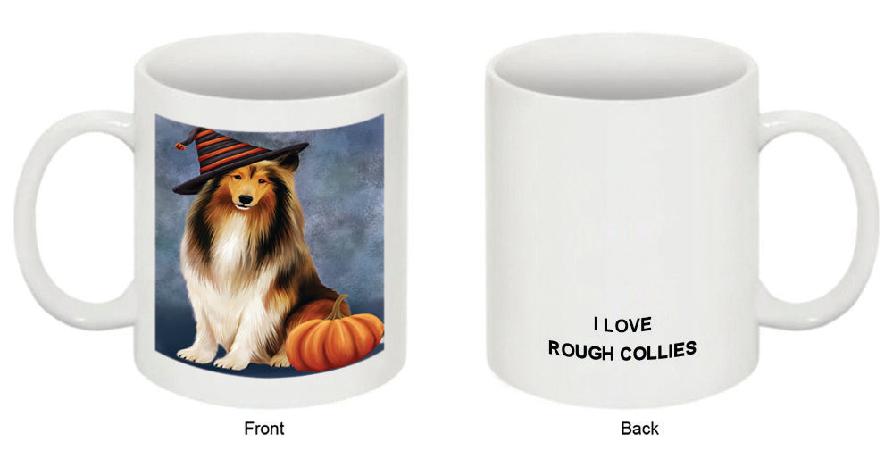 Happy Halloween Rough Collie Dog Wearing Witch Hat with Pumpkin Coffee Mug MUG50198