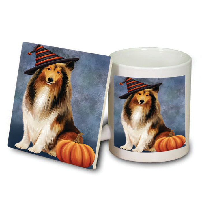 Happy Halloween Rough Collie Dog Wearing Witch Hat with Pumpkin Mug and Coaster Set MUC54792
