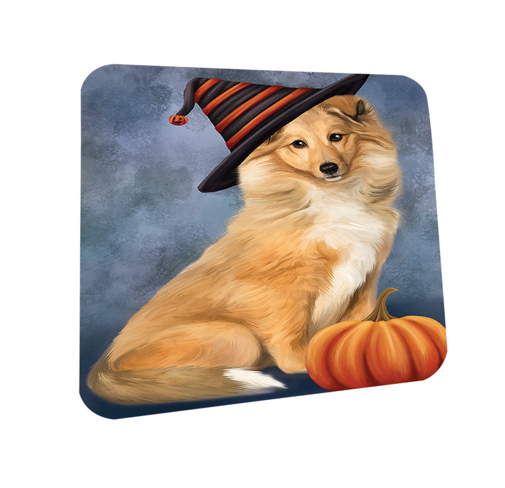 Happy Halloween Rough Collie Dog Wearing Witch Hat with Pumpkin Coasters Set of 4 CST54867