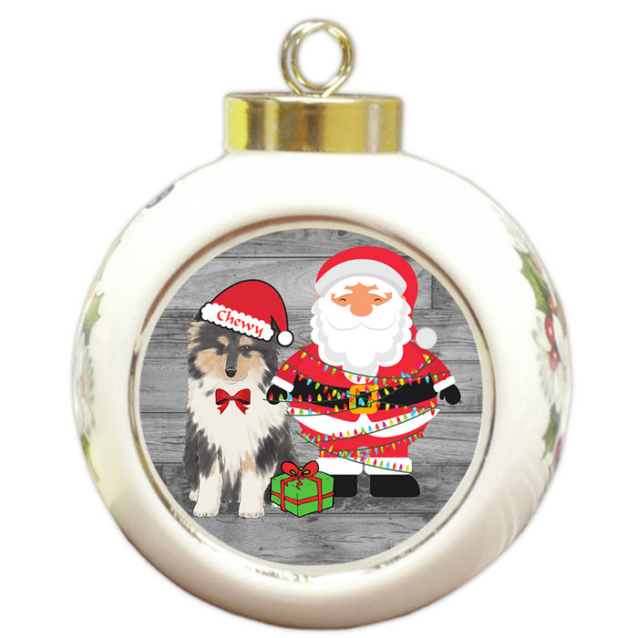 Custom Personalized Rough Collie Dog With Santa Wrapped in Light Christmas Round Ball Ornament