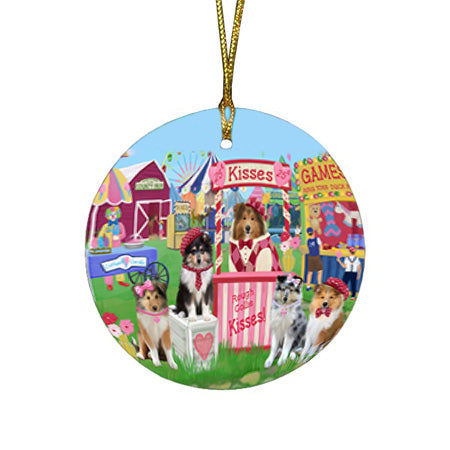 Carnival Kissing Booth Rough Collies Dog Round Flat Christmas Ornament RFPOR56275