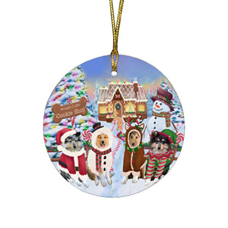 Holiday Gingerbread Cookie Shop Rough Collies Dog Round Flat Christmas Ornament RFPOR56968