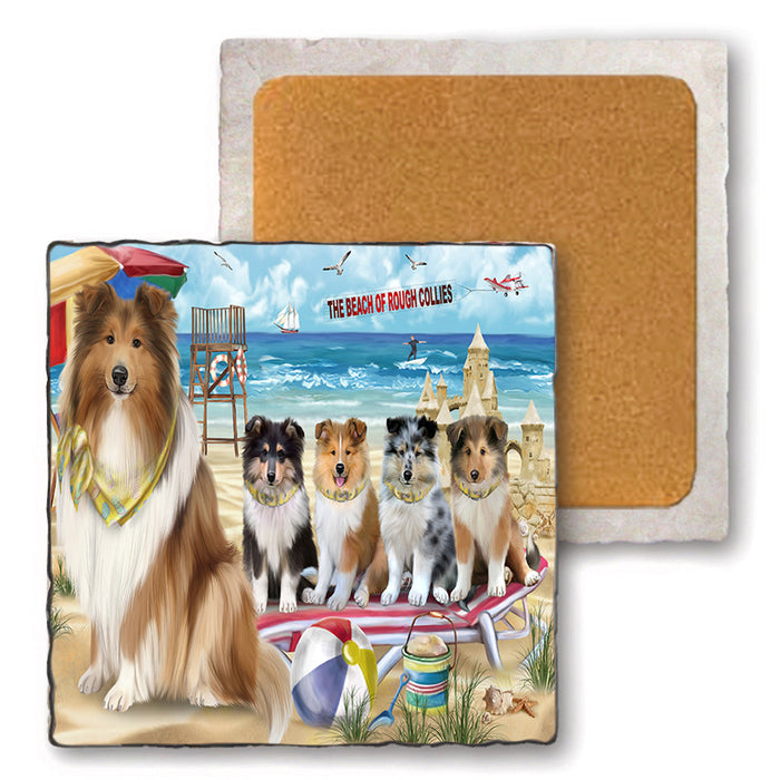 Pet Friendly Beach Rough Collies Dog Set of 4 Natural Stone Marble Tile Coasters MCST49179