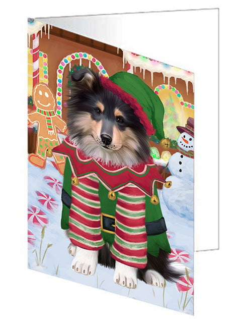 Christmas Gingerbread House Candyfest Rough Collie Dog Handmade Artwork Assorted Pets Greeting Cards and Note Cards with Envelopes for All Occasions and Holiday Seasons GCD74063