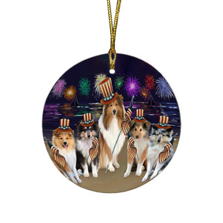 4th of July Independence Day Firework Rough Collies Dog Round Flat Christmas Ornament RFPOR57243
