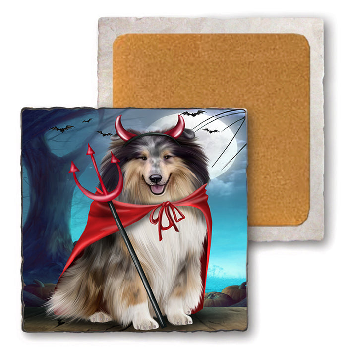 Happy Halloween Trick or Treat Rough Collie Dog Set of 4 Natural Stone Marble Tile Coasters MCST49520