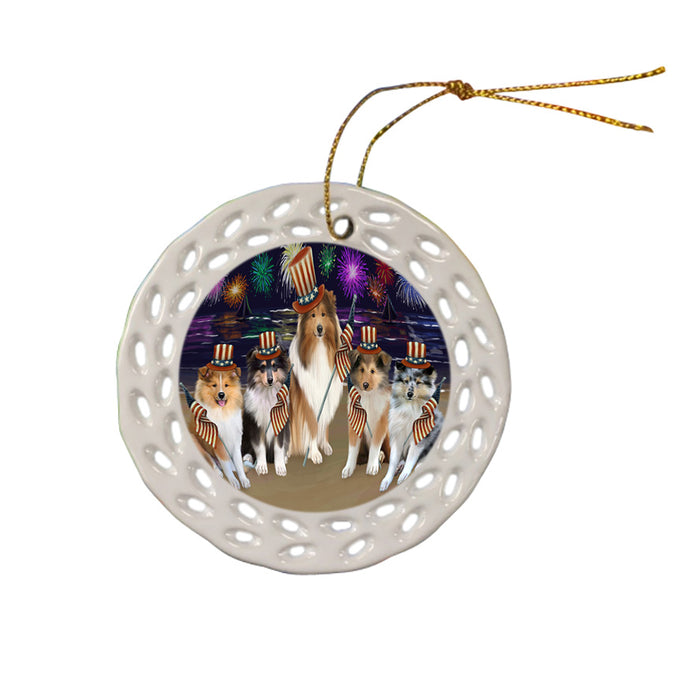 4th of July Independence Day Firework Rough Collies Dog Ceramic Doily Ornament DPOR57243