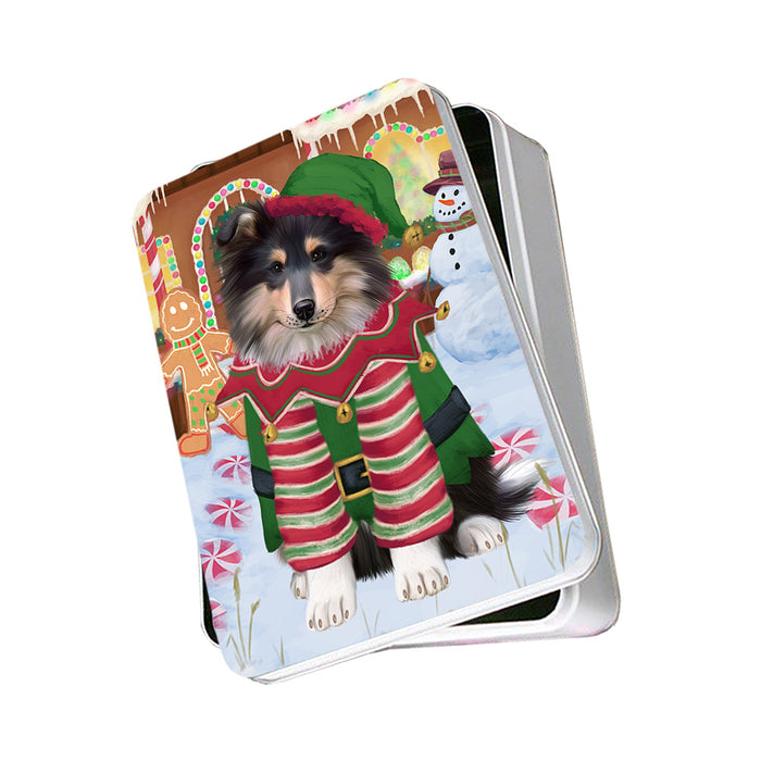 Christmas Gingerbread House Candyfest Rough Collie Dog Photo Storage Tin PITN56459