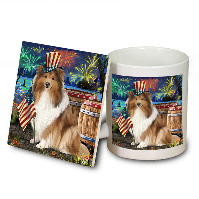 4th of July Independence Day Firework Rough Collie Dog Mug and Coaster Set MUC54054