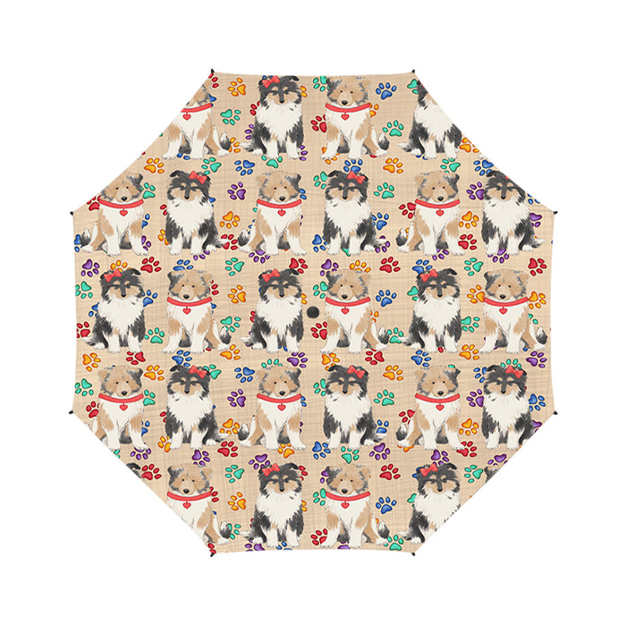 Rainbow Paw Print Rough Collie Dogs Blue Semi-Automatic Foldable Umbrella