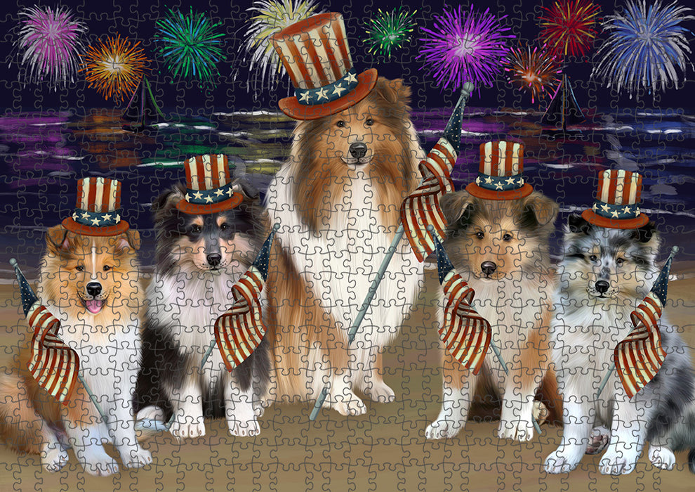 4th of July Independence Day Firework Rough Collies Dog Puzzle with Photo Tin PUZL96080