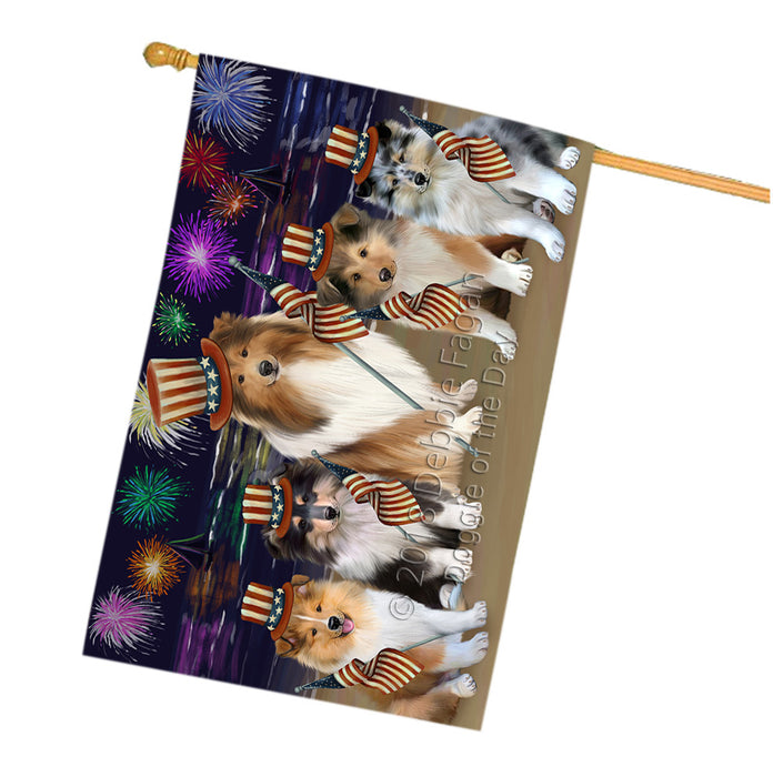 4th of July Independence Day Firework Rough Collies Dog House Flag FLG57647