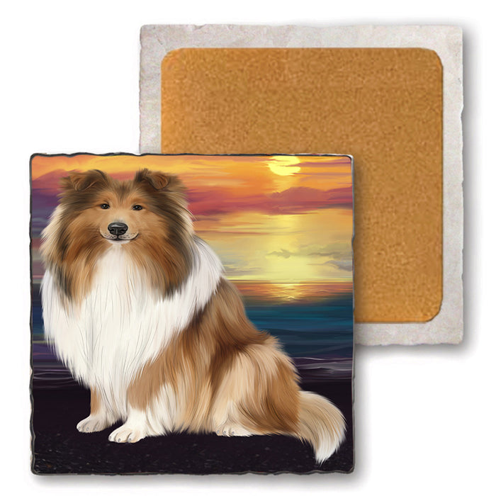 Rough Collie Dog Set of 4 Natural Stone Marble Tile Coasters MCST49623