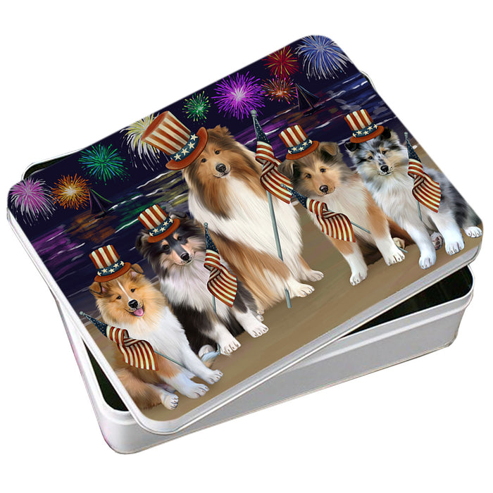 4th of July Independence Day Firework Rough Collies Dog Photo Storage Tin PITN56785