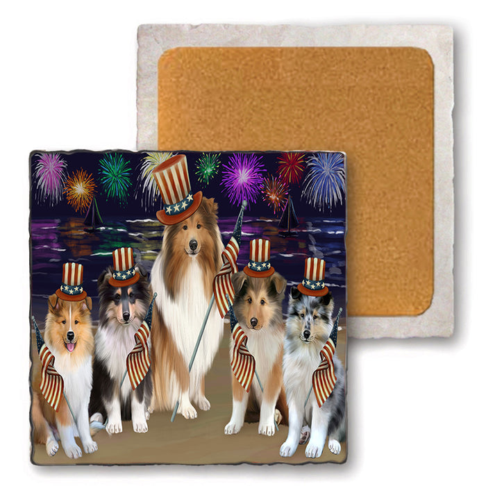 4th of July Independence Day Firework Rough Collies Dog Set of 4 Natural Stone Marble Tile Coasters MCST51842