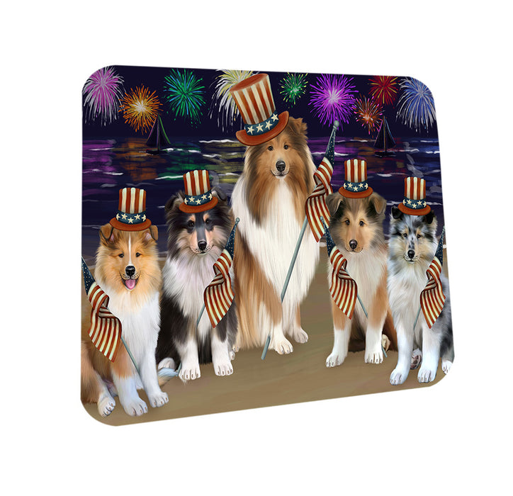 4th of July Independence Day Firework Rough Collies Dog Coasters Set of 4 CST56800