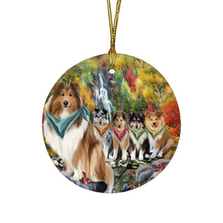 Scenic Waterfall Rough Collies Dog Round Flat Christmas Ornament RFPOR54795