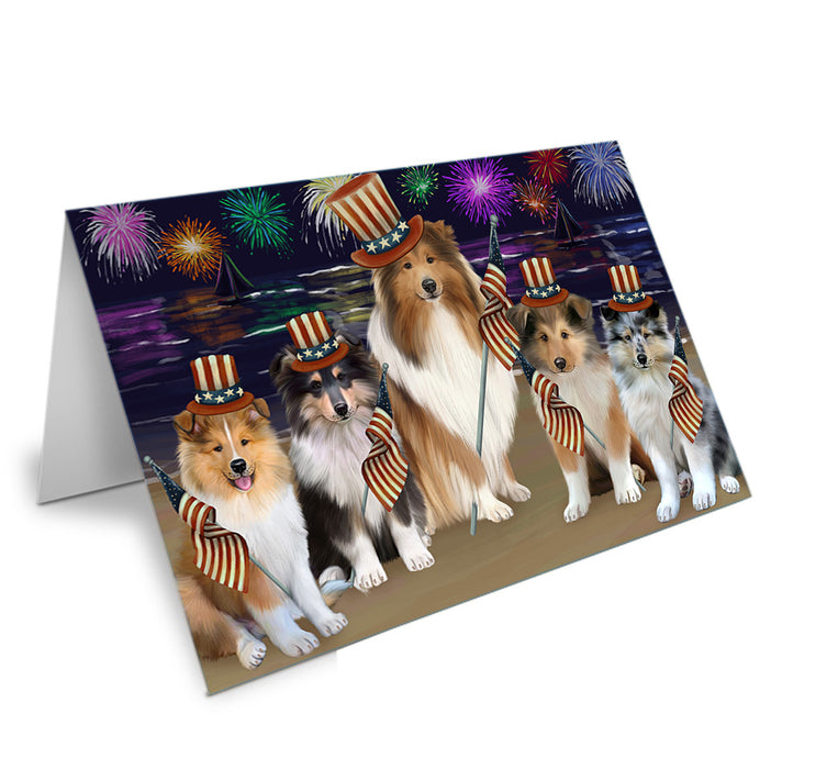 4th of July Independence Day Firework Rough Collies Dog Handmade Artwork Assorted Pets Greeting Cards and Note Cards with Envelopes for All Occasions and Holiday Seasons GCD76040