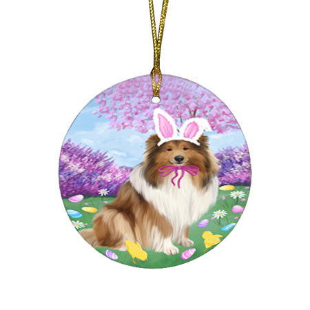 Easter Holiday Rough Collie Dog Round Flat Christmas Ornament RFPOR57325