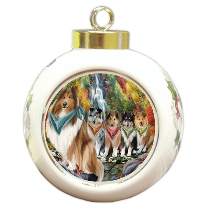 Scenic Waterfall Rough Collies Dog Round Ball Christmas Ornament RBPOR54804