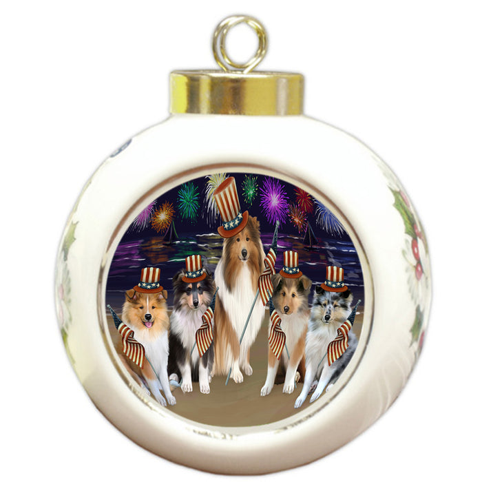 4th of July Independence Day Firework Rough Collies Dog Round Ball Christmas Ornament RBPOR57243