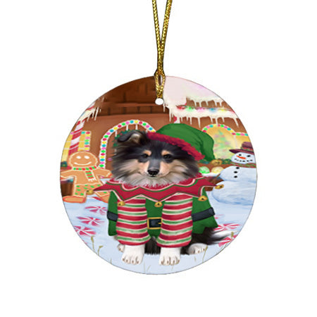 Christmas Gingerbread House Candyfest Rough Collie Dog Round Flat Christmas Ornament RFPOR56872