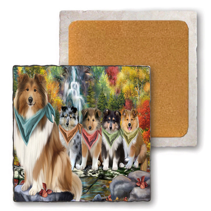Scenic Waterfall Rough Collies Dog Set of 4 Natural Stone Marble Tile Coasters MCST49676