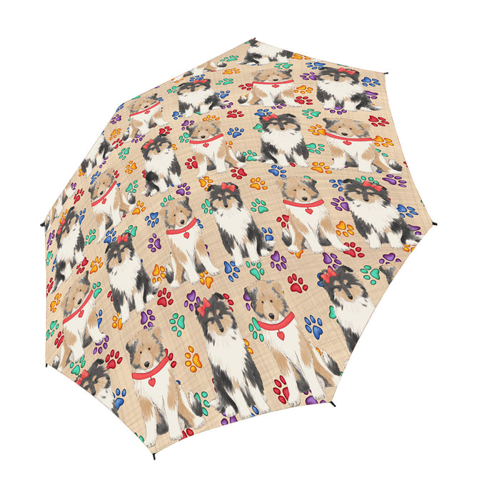 Rainbow Paw Print Rough Collie Dogs Blue Semi-Automatic Foldable Umbrella