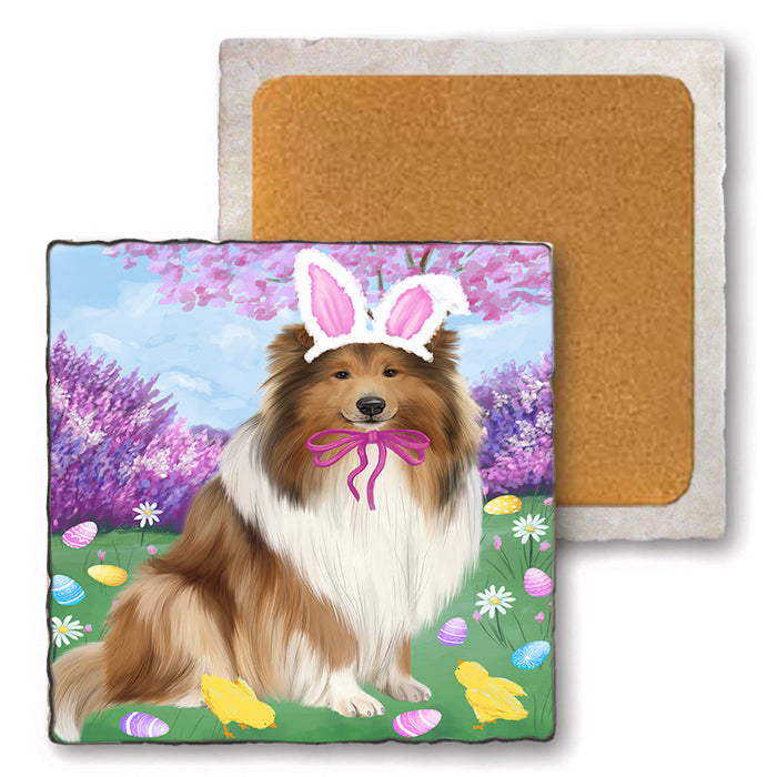 Easter Holiday Rough Collie Dog Set of 4 Natural Stone Marble Tile Coasters MCST51924