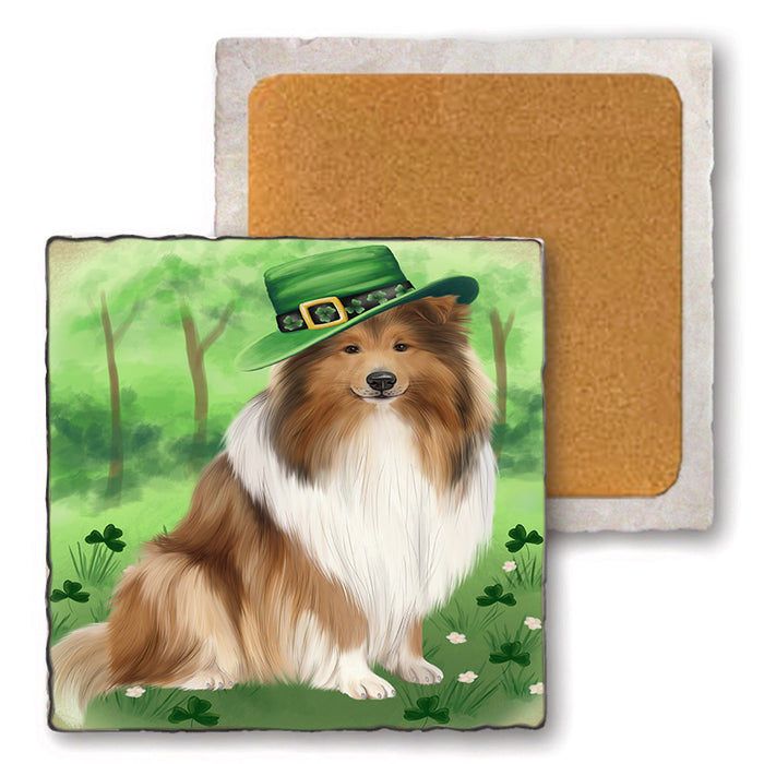 St. Patricks Day Irish Portrait Rough Collie Dog Set of 4 Natural Stone Marble Tile Coasters MCST52028