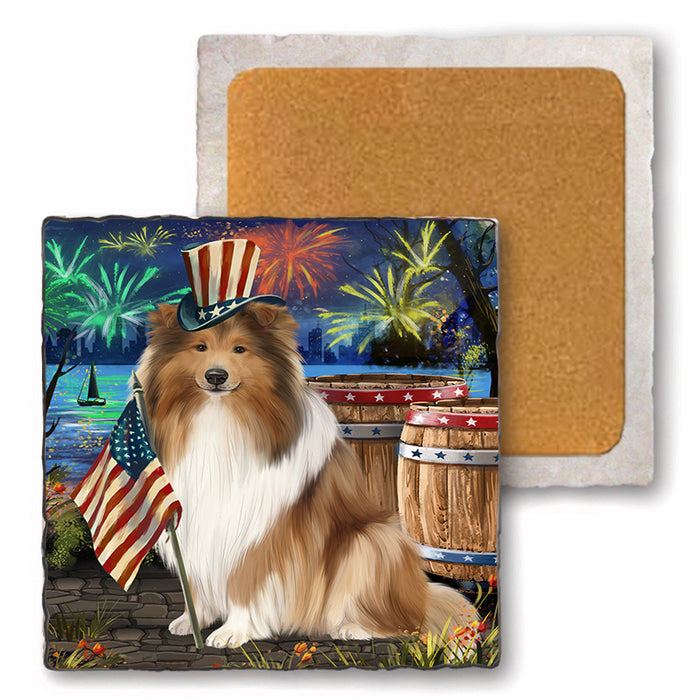 4th of July Independence Day Firework Rough Collie Dog Set of 4 Natural Stone Marble Tile Coasters MCST49062