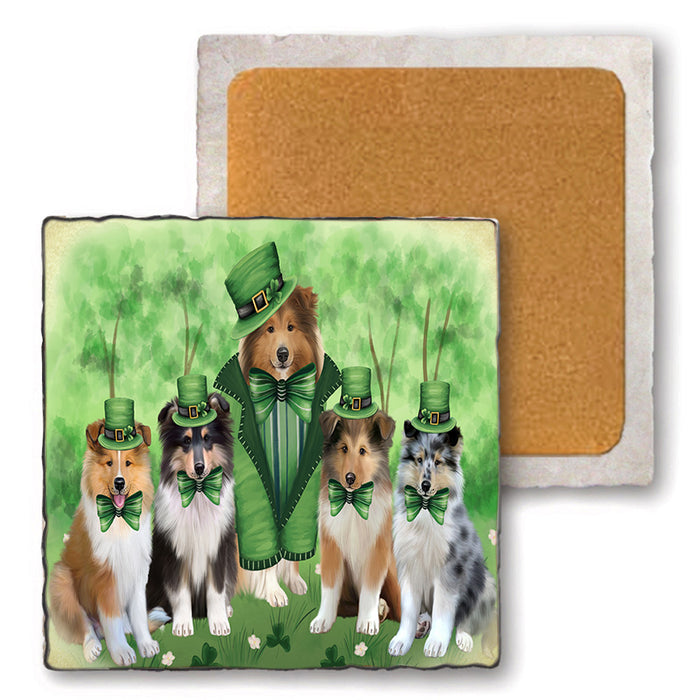 St. Patricks Day Irish Portrait Rough Collie Dogs Set of 4 Natural Stone Marble Tile Coasters MCST52029