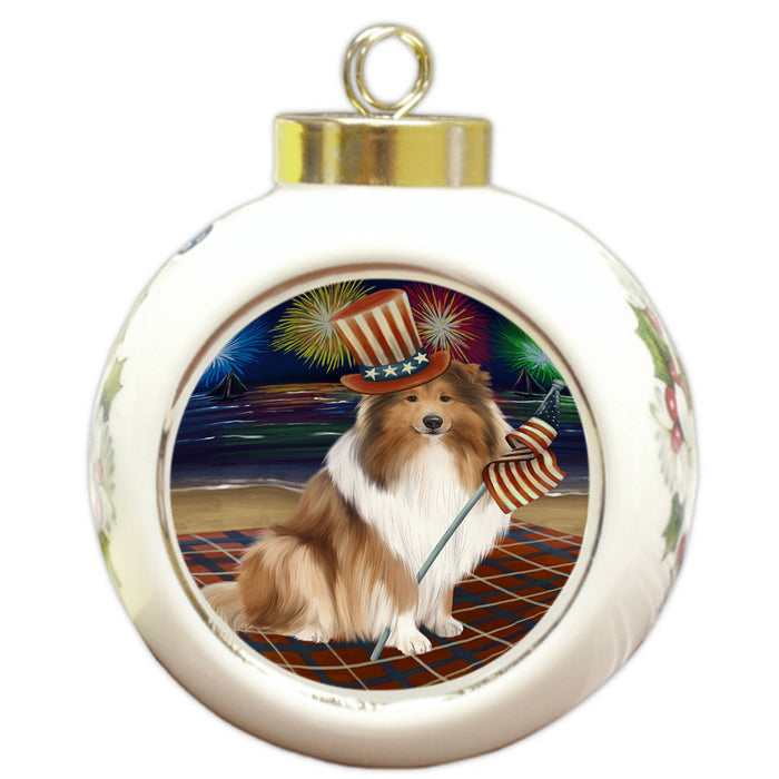 4th of July Independence Day Firework Rough Collie Dog Round Ball Christmas Ornament RBPOR57244